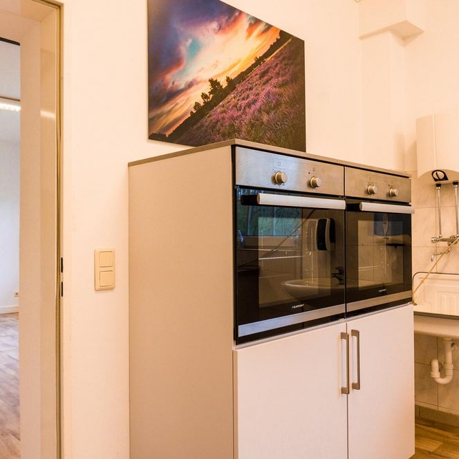 Helle Küche mit zwei Einbauöfen und einem Wandbild der Lüneburger Heide.