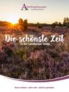 „Titelbild des Urlaubsmagazins Amelinghausen 2025 mit einem lila blühenden Heidefeld bei Sonnenuntergang. Oben das Logo der Samtgemeinde Amelinghausen. Der Titel lautet: ‚Die schönste Zeit in der Lüneburger Heide‘.“