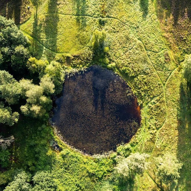 marxener-paradies-amelinghausen-drohnenbild-lueneburger-heide „Luftaufnahme eines kleinen, fast kreisrunden Teiches inmitten grüner Wiesen und Waldflächen. Rund um das Wasser verlaufen schmale Pfade durch die Landschaft.“
