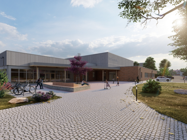 Ansicht mit Vorplatz und Glasfassade: Architektonische Visualisierung eines modernen, eingeschossigen Neubaus mit großer Glasfront. Das Gebäude ist barrierefrei zugänglich über einen gepflasterten Vorplatz mit Sitzgelegenheiten. Die helle Fassade, flache Dachkonstruktion und großzügige Fensterflächen erzeugen einen offenen, einladenden Eindruck. Vorgesehen ist die Nutzung als Mensa mit Veranstaltungs- und Begegnungsräumen im Rahmen des Projekts ZweiMitMusik.
