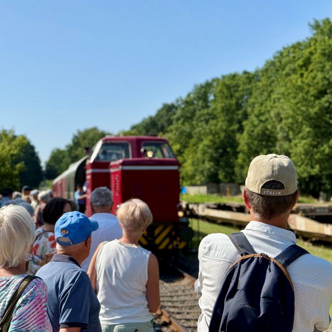 Menschen stehen am Bahngleis und schauen auf eine rote Lokomotive, umgeben von Bäumen und blauem Himmel